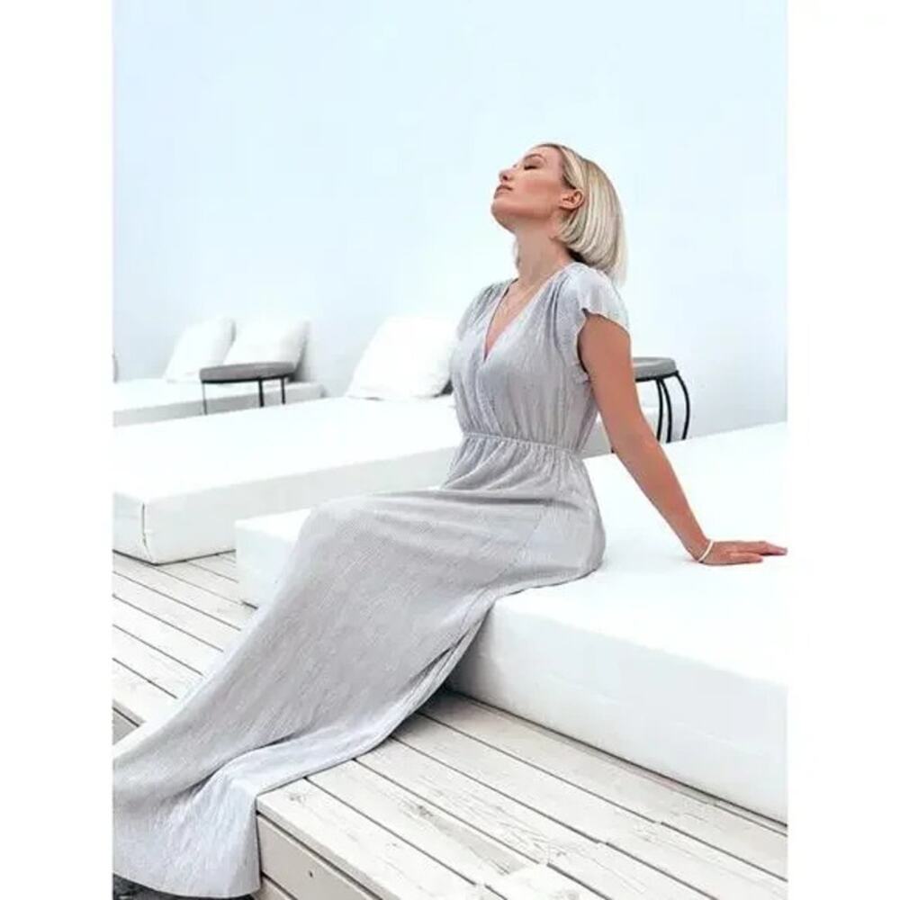 Baltic Born Athena Pleated Dress Metallic Silver Gray Womens Large Bridesmaid